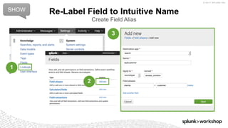 © 2017 SPLUNK INC.
Re-Label Field to Intuitive Name
Create Field Alias
SHOW
1
2
3
 