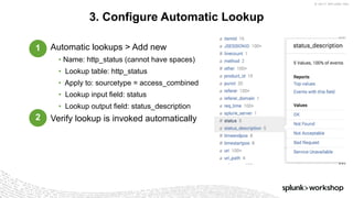 © 2017 SPLUNK INC.
Automatic lookups > Add new
• Name: http_status (cannot have spaces)
• Lookup table: http_status
• Apply to: sourcetype = access_combined
• Lookup input field: status
• Lookup output field: status_description
Verify lookup is invoked automatically
3. Configure Automatic Lookup
1
2
 