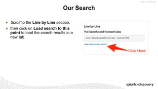 © 2017 SPLUNK INC.
▶ Scroll to the Line by Line section,
▶ then click on Load search to this
point to load the search results in a
new tab.
Our Search
 