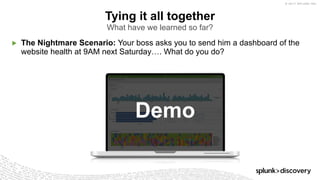 © 2017 SPLUNK INC.
▶ The Nightmare Scenario: Your boss asks you to send him a dashboard of the
website health at 9AM next Saturday…. What do you do?
Tying it all together
What have we learned so far?
Demo
 