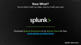 © 2017 SPLUNK INC.
Download Splunk Enterprise or try Splunk Cloud for free:
www.splunk.com/download
Now What?
You’ve tried it with our data, now try it with your own
 