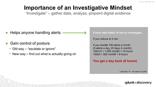 © 2017 SPLUNK INC.
▶ Helps anyone handling alerts
▶ Gain control of posture
• Old way – “escalate or ignore”
• New way – find out what is actually going on
Importance of an Investigative Mindset
“Investigate” – gather data, analyze, pinpoint digital evidence
If each alert takes 10 min to investigate...
If you reduce to 5 min
If you handle 100 alerts a month
(5 alerts a day, 20 days in month)
100x10 = 1,000 min/60 = 16 hours
100x5 = 500 min/60 = 8 hours
You get a day back (8 hours)
* assumes 14 – 28 cases in a shift
 