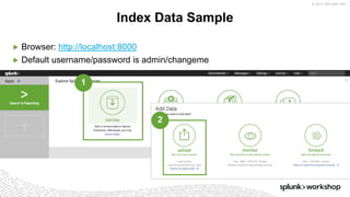 © 2017 SPLUNK INC.
▶ Browser: http://localhost:8000
▶ Default username/password is admin/changeme
Index Data Sample
1
2
 
