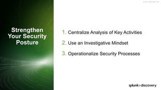 © 2017 SPLUNK INC.
1. Centralize Analysis of Key Activities
2. Use an Investigative Mindset
3. Operationalize Security Processes
Strengthen
Your Security
Posture
 