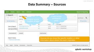 © 2017 SPLUNK INC.
Data Summary – Sources
Sources let you know the specific location or other
information about where the event originates.
Original source
location of logs
Event counts
continue to
grow.
 