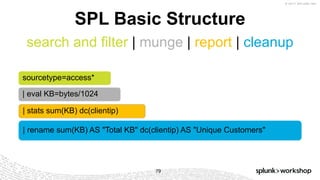 © 2017 SPLUNK INC.
search and filter | munge | report | cleanup
| rename sum(KB) AS "Total KB" dc(clientip) AS "Unique Customers"
| eval KB=bytes/1024
sourcetype=access*
| stats sum(KB) dc(clientip)
SPL Basic Structure
79
 