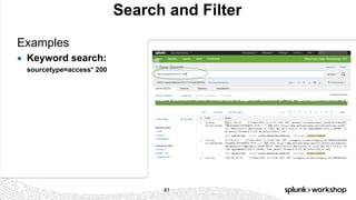 © 2017 SPLUNK INC.
Search and Filter
Examples
● Keyword search:
sourcetype=access* 200
81
 