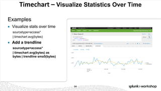 © 2017 SPLUNK INC.
Timechart – Visualize Statistics Over Time
Examples
94
● Visualize stats over time
sourcetype=access*
| timechart avg(bytes)
● Add a trendline
sourcetype=access*
| timechart avg(bytes) as
bytes | trendline sma5(bytes)
 