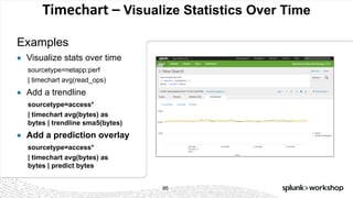© 2017 SPLUNK INC.
Timechart – Visualize Statistics Over Time
Examples
95
● Visualize stats over time
sourcetype=netapp:perf
| timechart avg(read_ops)
● Add a trendline
sourcetype=access*
| timechart avg(bytes) as
bytes | trendline sma5(bytes)
● Add a prediction overlay
sourcetype=access*
| timechart avg(bytes) as
bytes | predict bytes
 