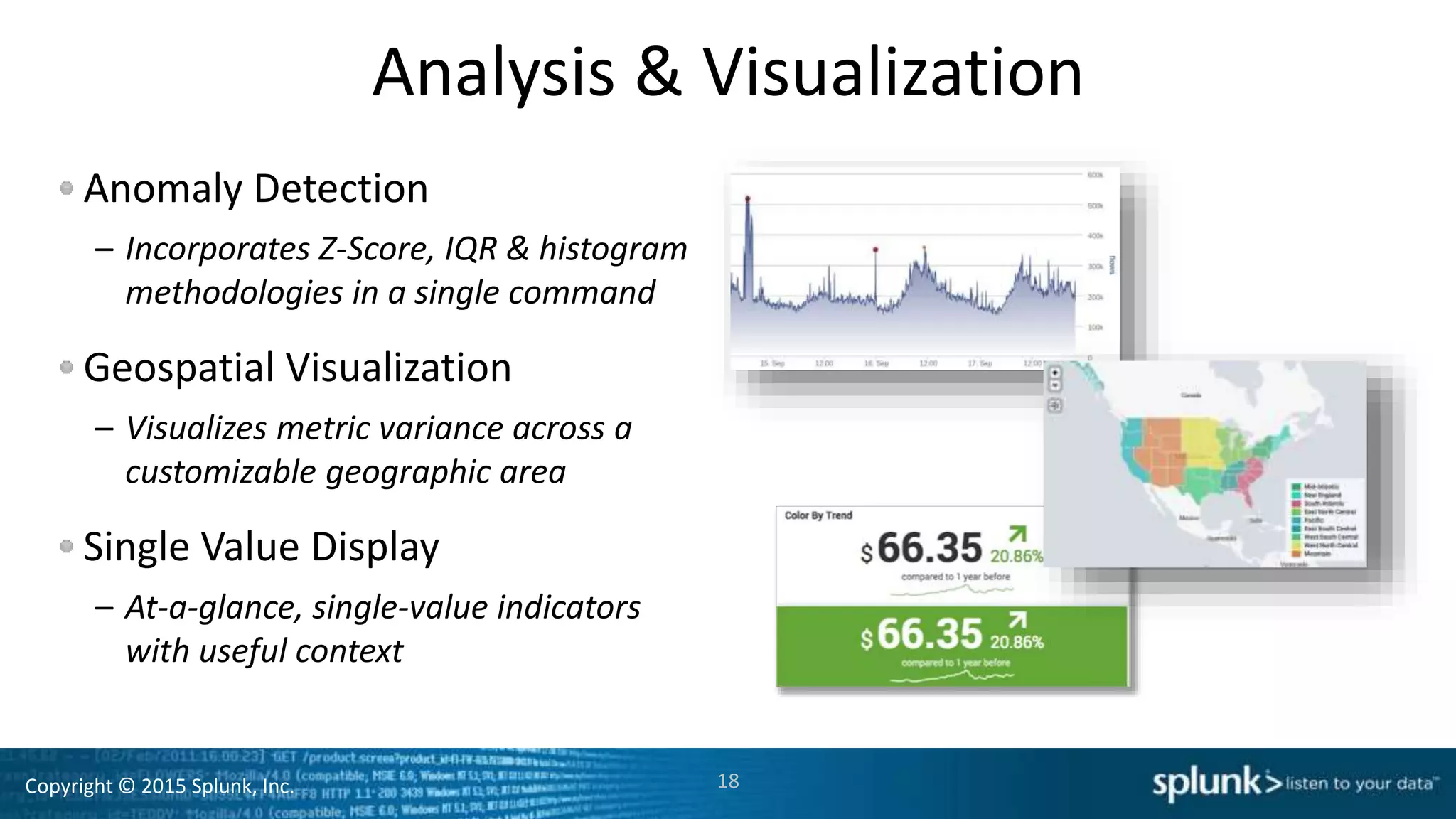 Copyright © 2015 Splunk, Inc.
Analysis & Visualization
Anomaly Detection
– Incorporates Z-Score, IQR & histogram
methodologies in a single command
Geospatial Visualization
– Visualizes metric variance across a
customizable geographic area
Single Value Display
– At-a-glance, single-value indicators
with useful context
18
 