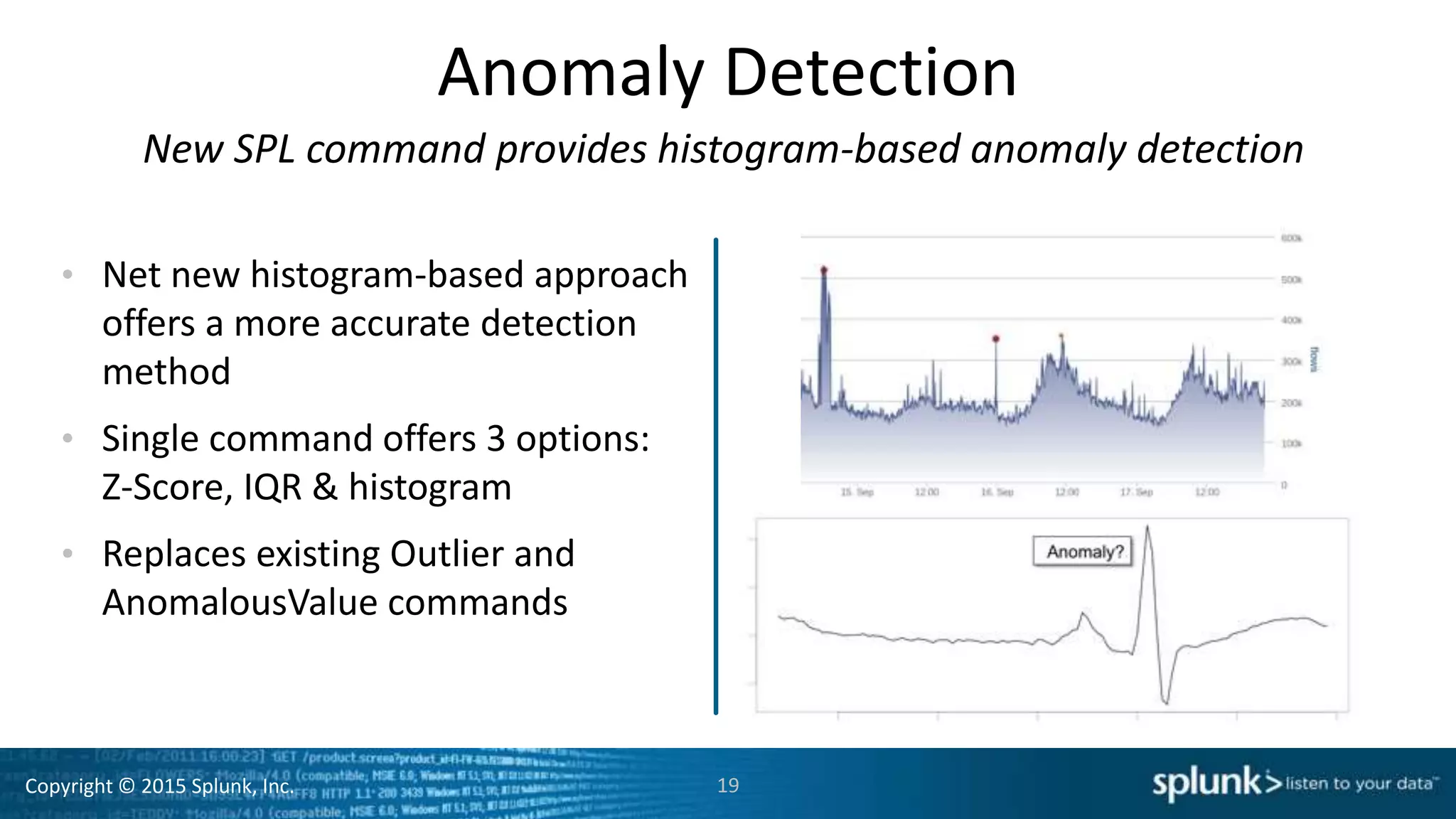 Copyright © 2015 Splunk, Inc.
Anomaly Detection
New SPL command provides histogram-based anomaly detection
• Net new histogram-based approach
offers a more accurate detection
method
• Single command offers 3 options:
Z-Score, IQR & histogram
• Replaces existing Outlier and
AnomalousValue commands
19
 