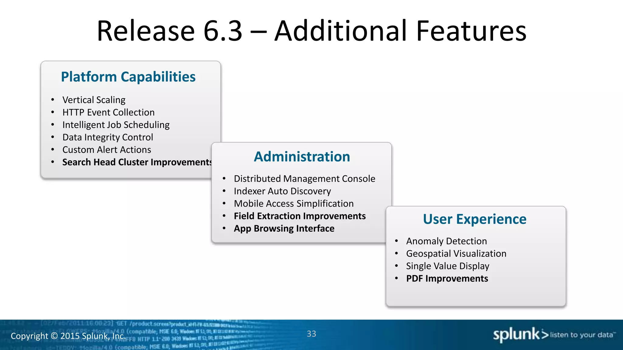 Copyright © 2015 Splunk, Inc.
Release 6.3 – Additional Features
• Vertical Scaling
• HTTP Event Collection
• Intelligent Job Scheduling
• Data Integrity Control
• Custom Alert Actions
• Search Head Cluster Improvements
33
Platform Capabilities
• Distributed Management Console
• Indexer Auto Discovery
• Mobile Access Simplification
• Field Extraction Improvements
• App Browsing Interface
Administration
• Anomaly Detection
• Geospatial Visualization
• Single Value Display
• PDF Improvements
User Experience
 