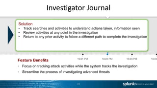 Investigator Journal
Feature Benefits
Focus on tracking attack activities while the system tracks the investigation
Streamline the process of investigating advanced threats
23
Solution
• Track searches and activities to understand actions taken, information seen
• Review activities at any point in the investigation
• Return to any prior activity to follow a different path to complete the investigation
 