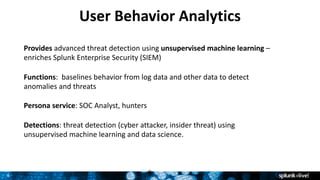 8
User	Behavior	Analytics
Provides advanced	threat	detection	using	unsupervised	machine	learning –
enriches	Splunk	Enterpr...