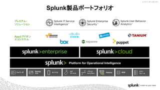 © 2017 SPLUNK INC.© 2017 SPLUNK INC.
Splunk製品ポートフォリオ
Appとアドオン
エコシステム
プレミアム・
ソリューション
メイン
フレーム
RDBモバイルフォワーダ
Syslog/
TCP
IoT
デバイス
パケット
キャプチャ
Hadoop
Platform for Operational Intelligence
 