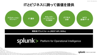 © 2017 SPLUNK INC.© 2017 SPLUNK INC.
ITとビジネスに跨って価値を提供
開発者プラットフォーム (REST API, SDKs)
IT 運用
アプリケーション
デリバリー
ビジネス
分析
IoTと
産業データ
セキュリティ
コンプライアンス
不正検知
Platform for Operational Intelligence
 