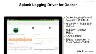 © 2017 SPLUNK INC.© 2017 SPLUNK INC.
▶ Docker Logging Driverで
Splunkを公式サポート
▶ セキュリティ - TLS/SSLを
サポート
▶ 簡単なデータ収集と
構造化
▶ シンプルな設定
▶ 拡張性 - Splunk HTTP
Event Collectorで構成
Splunk Logging Driver for Docker
 