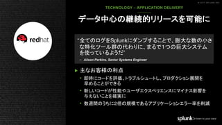 © 2017 SPLUNK INC.© 2017 SPLUNK INC.
▶ 主なお客様の利点
• 即時にコードを評価、トラブルシュートし、プロダクション展開を
早めることができる
• 新しいコードが性能やユーザエクスペリエンスにマイナス影響を
与えないことを確実に
• 数週間のうちに２倍の規模であるアプリケーションエラー率を削減
データ中心の継続的リリースを可能に
“全てのログをSplunkにダンプすることで、膨大な数の小さ
な特化ツール群の代わりに、まるで１つの巨大システム
を使っているようだ”
– Alison Perkins, Senior Systems Engineer
​TECHNOLOGY – APPLICATION DELIVERY
 