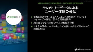 © 2017 SPLUNK INC.© 2017 SPLUNK INC.
▶ 優れたカスタマーエクスペリエンスのための「ラストマイ
ル」ユーザー体験に関する洞察を獲得
▶ Xboxとクラウドエコシステムの相関を分析
▶ システム間のユーザーセッションをトレースしてサポートの
問題を解決
​MEDIA AND ENTERTAINMENT – CUSTOMER EXPERIENCE
テレメトリーデータによる
ユーザー体験の強化
 