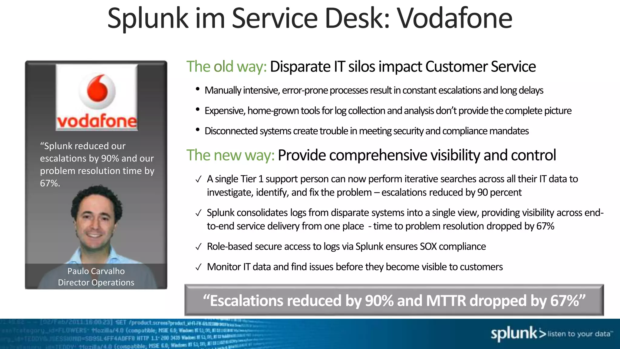 “Splunk reduced our
escalations by 90% and our
problem resolution time by
67%.
“Escalations reduced by 90% and MTTR dropped by 67%”
Splunk im Service Desk: Vodafone
Paulo Carvalho
Director Operations
Theoldway:DisparateITsilosimpactCustomerService
• Manuallyintensive,error-proneprocessesresultinconstantescalationsandlongdelays
• Expensive,home-growntoolsforlogcollectionandanalysisdon’tprovidethecompletepicture
• Disconnectedsystemscreatetroubleinmeetingsecurityandcompliancemandates
Thenewway:Providecomprehensivevisibility andcontrol
✓ Asingle Tier1support person can now perform iterative searches across alltheir IT data to
investigate, identify, and fixthe problem – escalations reduced by90percent
✓ Splunk consolidates logs from disparate systems into asingle view, providing visibility across end-
to-end service delivery from one place -time to problem resolution dropped by67%
✓ Role-based secure access to logs via Splunk ensures SOX compliance
✓ Monitor IT data and find issues before they become visible to customers
 