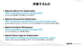 © 2018 SPLUNK INC.
▶ Splunk Add-on for Kubernetes
https://splunkbase.splunk.com/app/3991/
Kubernetes関連ログ定義のための設定
▶ Splunk Connect for Kubernetes
https://github.com/splunk/splunk-connect-for-kubernetes
Kubernetesクラスターからログ・メトリクスを取得するためのPod作成・管理
▶ Splunk Analysis Workspace
https://splunkbase.splunk.com/app/3976/
メトリクスをSPLなしで簡単可視化
▶ Splunk Demo App for Kubernetes
https://github.com/kikeyama/splunk_kubernetes_demo
Add-onとConnectorで取得したログ・メトリクスを可視化（池山作成）
用意するもの
 