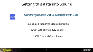 Getting this data into Splunk 
Runs on all supported Splunk platforms 
Works with all main JVM variants 
100% Free and Open Source 
28 
 