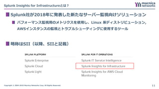 Copyright © 2004-2018 Macnica Networks Corp. All Rights Reserved.
Splunk Insights for Infrastructureとは？
Splunk社が2018年に発表した新たなサーバー監視向けソリューション
パフォーマンス監視用のメトリクスを使用し、Linux 系ディストリビューション,
AWSインスタンスの監視とトラブルシューティングに使用するツール
略称はSII（以降、SIIと記載）
11
 