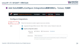 Copyright © 2004-2018 Macnica Networks Corp. All Rights Reserved.
Linuxサーバーからのデータ取り込み
Add Dataを選択しConfigure Integrations画面を表示し「Linux」を選択
24
 