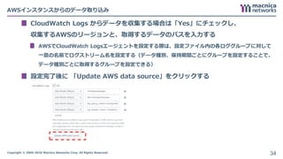 Copyright © 2004-2018 Macnica Networks Corp. All Rights Reserved.
CloudWatch Logs からデータを収集する場合は「Yes」にチェックし、
収集するAWSのリージョンと、取得するデータのパスを入力する
AWSでCloudWatch Logsエージェントを設定する際は、設定ファイル内の各ロググループに対して
一意の名前でログストリーム名を設定する（データ種別、保持期間ごとにグループを設定することで、
データ種別ごとに取得するグループを設定できる）
設定完了後に 「Update AWS data source」をクリックする
AWSインスタンスからのデータ取り込み
34
 