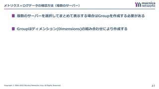Copyright © 2004-2018 Macnica Networks Corp. All Rights Reserved.
メトリクス＋ログデータの確認方法（複数のサーバー）
複数のサーバーを選択してまとめて表示する場合はGroupを作成する必要がある
Groupはディメンション(Dimensions)の組み合わせにより作成する
41
 