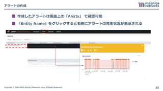 Copyright © 2004-2018 Macnica Networks Corp. All Rights Reserved.
アラートの作成
作成したアラートは画面上の「Alerts」 で確認可能
「Entity Name」をクリックすると右側にアラートの発生状況が表示される
48
 