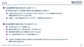 Copyright © 2004-2018 Macnica Networks Corp. All Rights Reserved.
まとめ
SIIを使用するのに向いているケース：
以下のようなシンプル使い方をしたい場合はいいかも！
50台までのLinuxサーバー＆AWSインスタンスのパフォーマンスを確認できればよく
画面の保存やカスタマイズなど不要
監視も、しきい値を超えたらメールでアラート発砲させられれば十分
SIIを使用するのに向いていないケース：
51台以上のサーバーを監視したい
過去30日間よりも、更に過去のデータも分析したい
監視用途や運用に応じて画面をカスタマイズしたい
メール以外の様々なアラート方法を実装したい
上記のような場合にはSplunkを購入しSIIのApp版「Splunk App for Infrastructure」を
使用するほうが良さそう
51
 