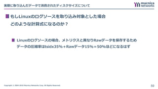 Copyright © 2004-2018 Macnica Networks Corp. All Rights Reserved.
実際に取り込んだデータで消費されたディスクサイズについて
もしLinuxのログソースを取り込み対象とした場合
どのような計算式になるのか？
Linuxのログソースの場合、メトリクスと異なりRawデータを保存するため
データの圧縮率はtsidx35%＋Rawデータ15%＝50%ほどになるはず
59
 