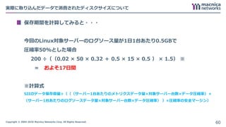 Copyright © 2004-2018 Macnica Networks Corp. All Rights Reserved.
実際に取り込んだデータで消費されたディスクサイズについて
保存期間を計算してみると・・・
今回のLinux対象サーバーのログソース量が1日1台あたり0.5GBで
圧縮率50%とした場合
200 ÷（（0.02 × 50 × 0.32 ＋ 0.5 × 15 × 0.5 ） × 1.5） ※
＝ およそ17日間
※計算式
SIIのデータ保存容量÷（（（サーバー1台あたりのメトリクスデータ量×対象サーバー台数×データ圧縮率）＋
（サーバー1台あたりのログソースデータ量×対象サーバー台数×データ圧縮率） ）×圧縮率の安全マージン）
60
 