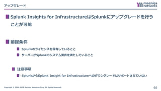 Copyright © 2004-2018 Macnica Networks Corp. All Rights Reserved.
アップグレード
Splunk Insights for InfrastructureはSplunkにアップグレードを行う
ことが可能
前提条件
Splunkのライセンスを保有していること
サーバーがSplunkのシステム要件を満たしていること
注意事項
SplunkからSplunk Insight for Infrastructureへのダウングレードはサポートされていない
65
 