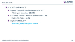 Copyright © 2004-2018 Macnica Networks Corp. All Rights Reserved.
アップグレード
アップグレードステップ
⑤Splunk Insight for Infrastructureへログインし
「Settings > Licensing」を表示する
⑥「Current License > Action > Upload License」から
ライセンスをインストールする
⑦Splunkを再起動します
$SPLUNK_HOME/bin/splunk restart
68
 