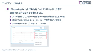 Copyright © 2004-2018 Macnica Networks Corp. All Rights Reserved.
アップグレード後の変化
「Investigate」のパネルの「…」をクリックした際に
実施できるアクションが増えている
パネルを表示しているサーチ内容をサーチ画面で確認することが可能
表示しているパネルをダッシュボードとして保存することが可能
パネルをレポートとして保存することが可能
70
 