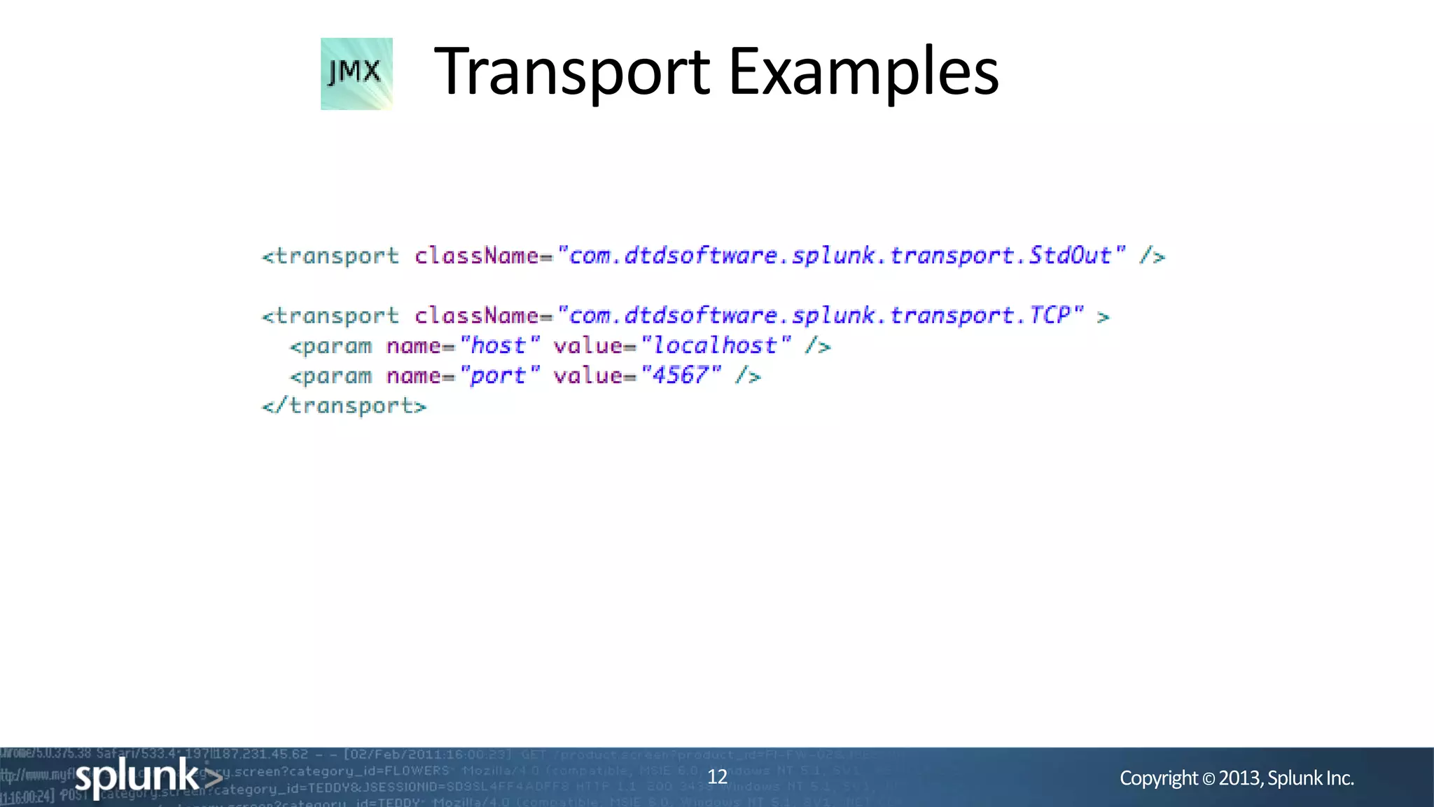 Copyright©2013,SplunkInc.
Transport Examples
12
 