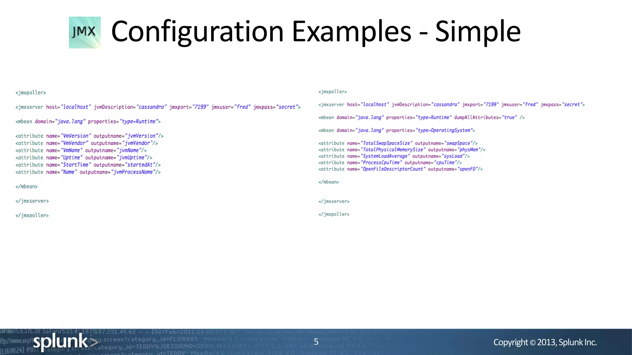 Copyright©2013,SplunkInc.
Configuration Examples - Simple
5
 