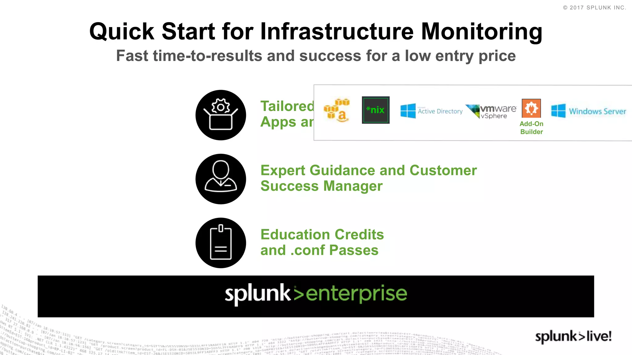 © 2017 SPLUNK INC.
Quick Start for Infrastructure Monitoring
Fast time-to-results and success for a low entry price
Expert Guidance and Customer
Success Manager
Tailored Selection of
Apps and Add-Ons
Education Credits
and .conf Passes
Add-On
Builder
 