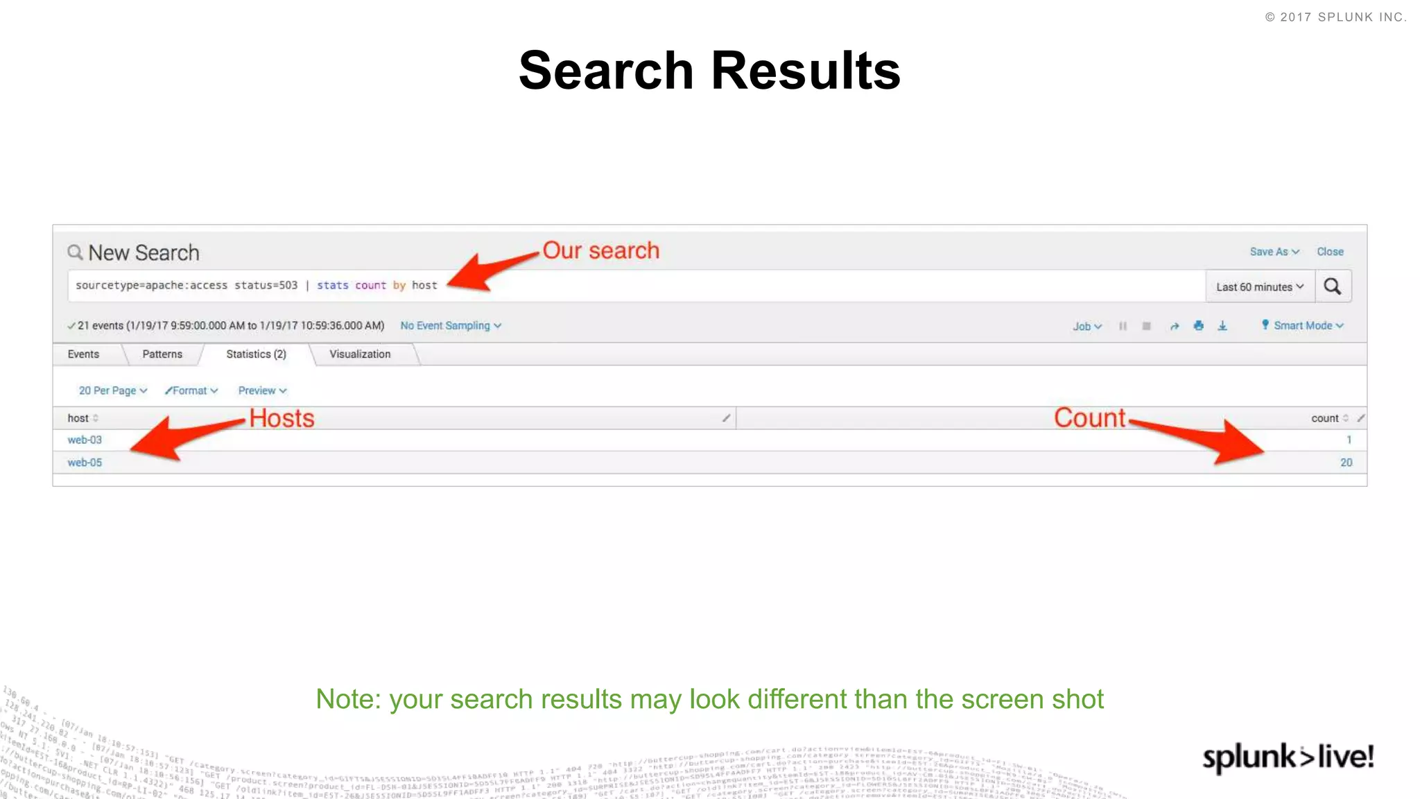 © 2017 SPLUNK INC.
Search Results
Note: your search results may look different than the screen shot
 