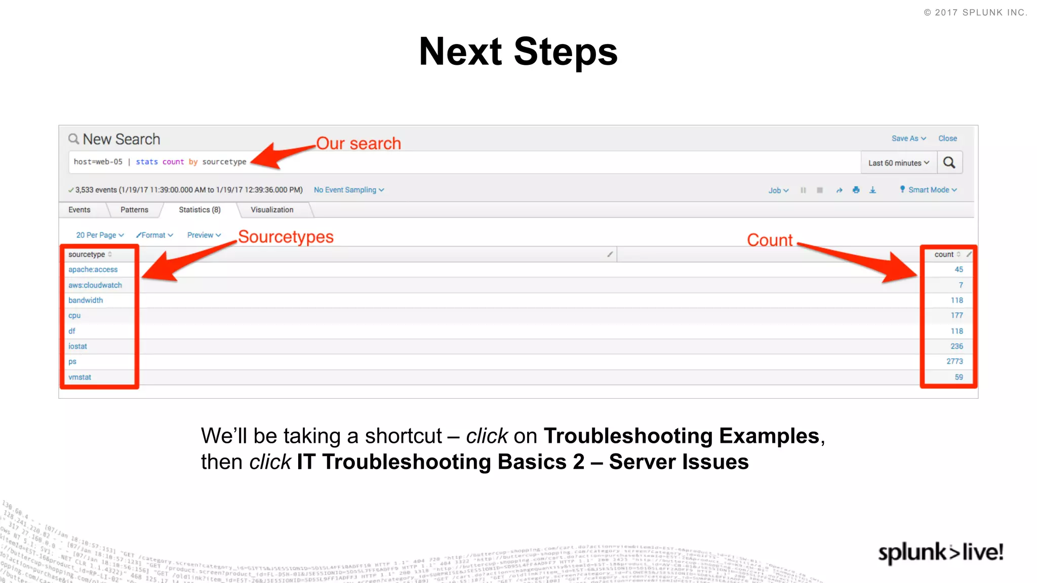 © 2017 SPLUNK INC.
Next Steps
We’ll be taking a shortcut – click on Troubleshooting Examples,
then click IT Troubleshooting Basics 2 – Server Issues
 