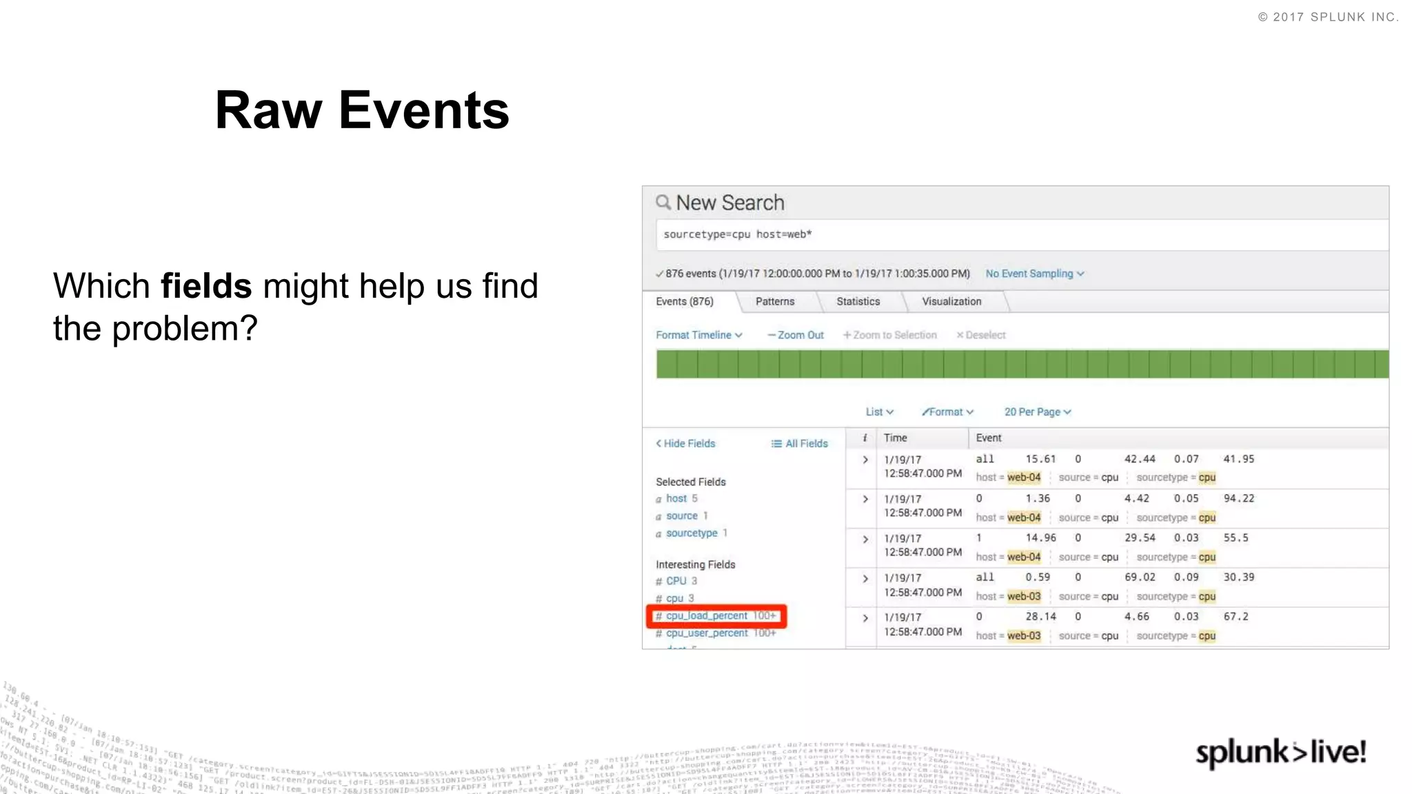 © 2017 SPLUNK INC.
Which fields might help us find
the problem?
Raw Events
 