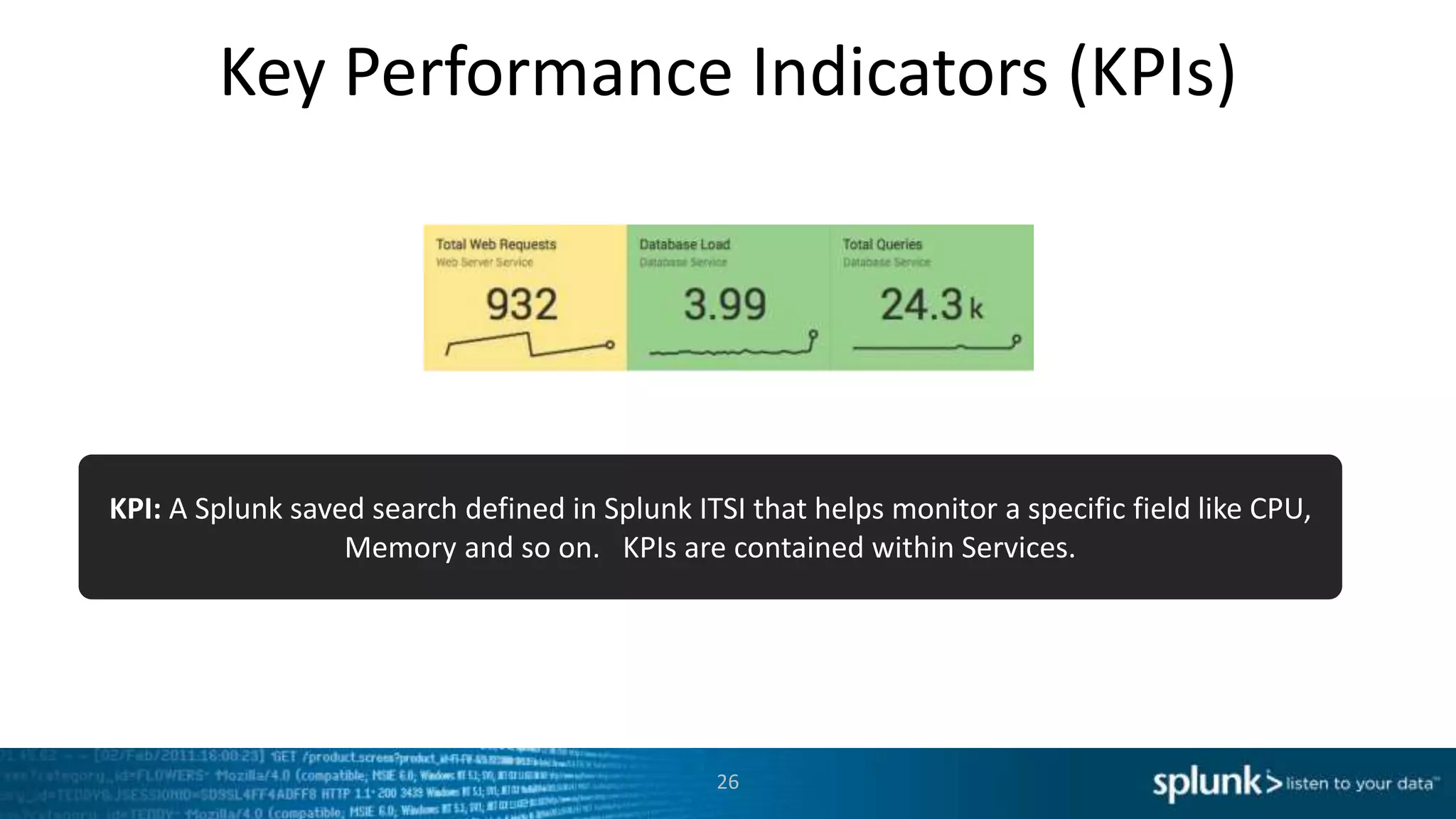 Key Performance Indicators (KPIs)
26
KPI: A Splunk saved search defined in Splunk ITSI that helps monitor a specific field like CPU,
Memory and so on. KPIs are contained within Services.
 