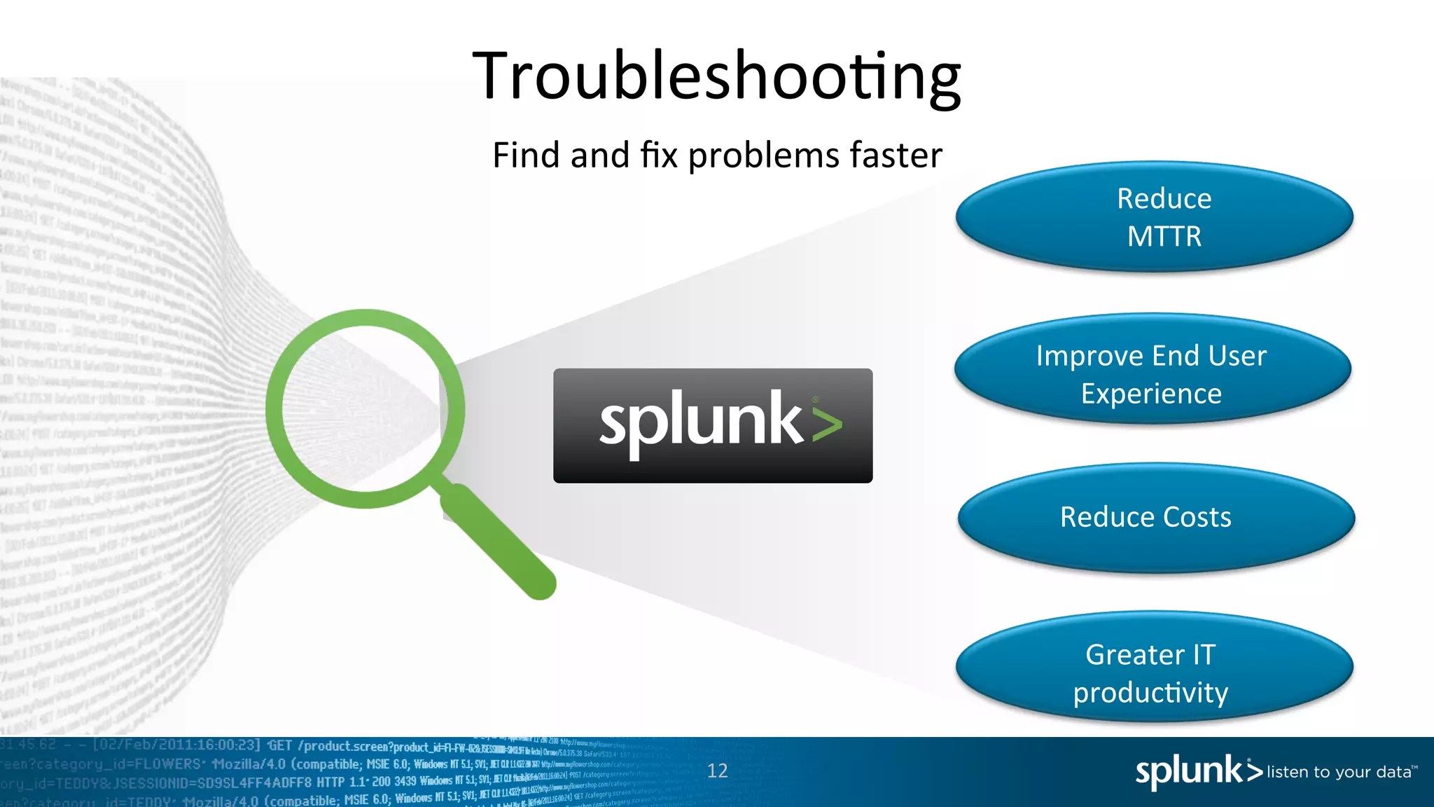 Troubleshoo=ng	
  
Find	
  and	
  ﬁx	
  problems	
  faster	
  
12	
  
Reduce	
  
MTTR	
  
Improve	
  End	
  User	
  
Experience	
  
Reduce	
  Costs	
  
Greater	
  IT	
  
produc=vity	
  
 