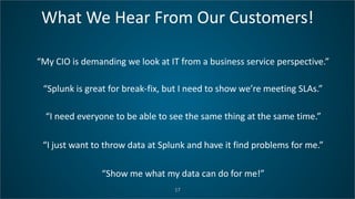What We Hear From Our Customers!
17
“My CIO is demanding we look at IT from a business service perspective.”
“Splunk is great for break-fix, but I need to show we’re meeting SLAs.”
“I need everyone to be able to see the same thing at the same time.”
“I just want to throw data at Splunk and have it find problems for me.”
“Show me what my data can do for me!”
 
