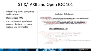 15
STIX/TAXII and Open IOC 101
• Info sharing across companies
and industries
• Standardized XML
• IOCs include IPs, web/email
domains, hashes, processes,
registry key, certificates
 