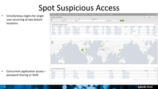 31
Spot Suspicious Access
• Simultaneous logins for single
user occurring at two distant
locations
• Concurrent application access –
password sharing or theft
 