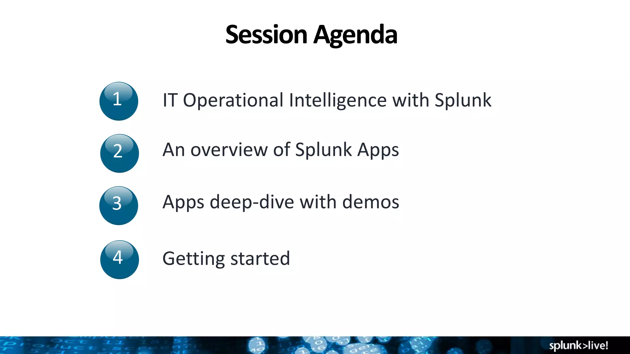 Session Agenda
1
2
3
4
IT Operational Intelligence with Splunk
An overview of Splunk Apps
Apps deep-dive with demos
Getting started
 