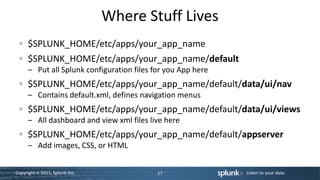 Where Stuff Lives
      $SPLUNK_HOME/etc/apps/your_app_name
      $SPLUNK_HOME/etc/apps/your_app_name/default
      – Put all Splunk configuration files for you App here
      $SPLUNK_HOME/etc/apps/your_app_name/default/data/ui/nav
      – Contains default.xml, defines navigation menus
      $SPLUNK_HOME/etc/apps/your_app_name/default/data/ui/views
      – All dashboard and view xml files live here
      $SPLUNK_HOME/etc/apps/your_app_name/default/appserver
      – Add images, CSS, or HTML


Copyright © 2011, Splunk Inc.               17                Listen to your data.
 